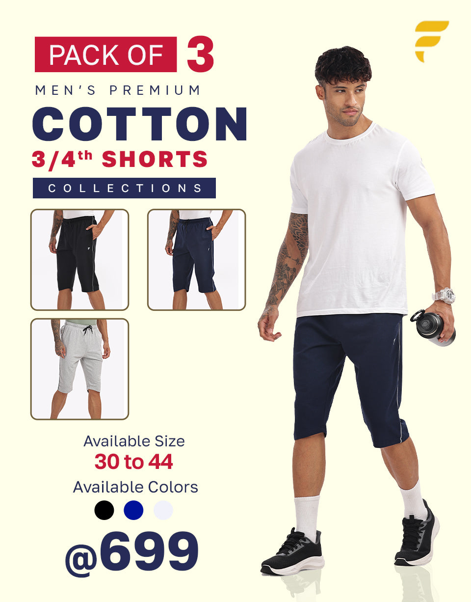 Men’s 3/4 Shorts Pack of 3 (Black, Navy, White Melange) | Cotton Blend Knee-Length Shorts for Gym, Running & Casual Wear